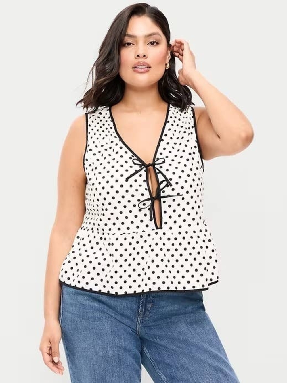 Old Navy White & Black Polka Dot Tie-Front Peplum Top